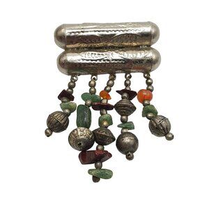 Vintage Silver Tone Ethnic Tribal Brooch With Multicolor Stone Beads